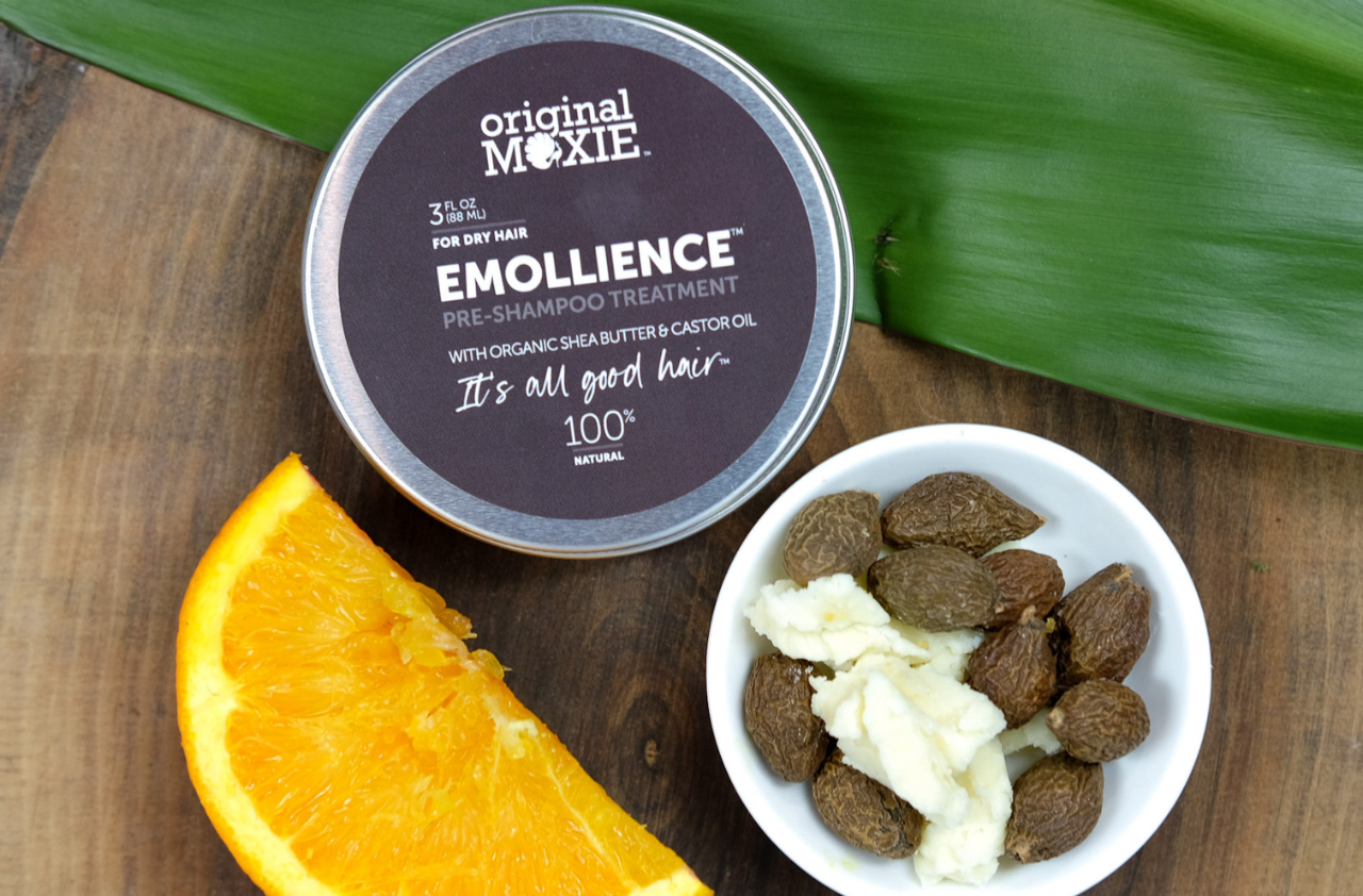 Original Moxie product in aluminum jar with shea butter and oranges